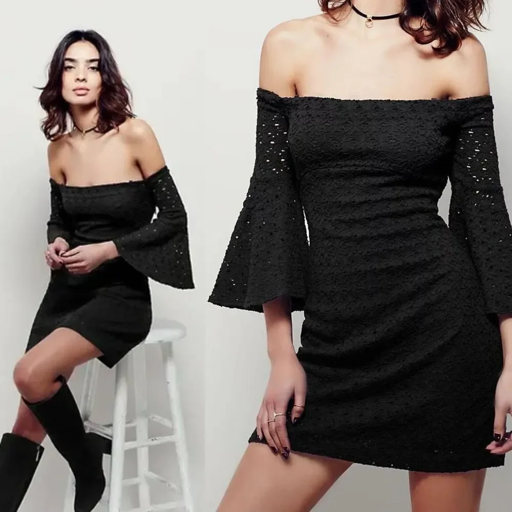 Free People‎ NWT Sophia Black Eyelet Off Shoulder Bell Sleeve Boho Mini Dress S